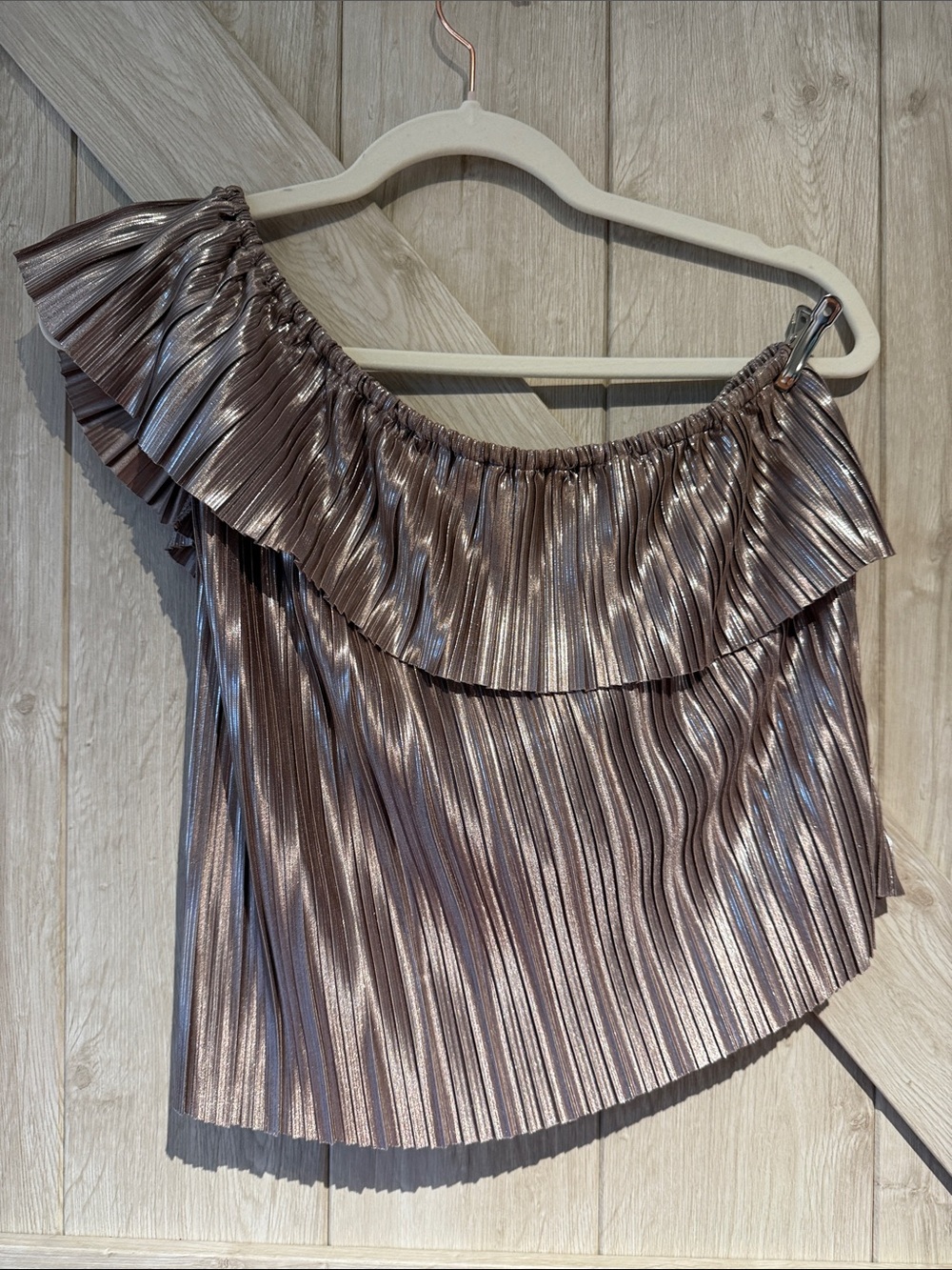 Metallic Pleated One-Shoulder Top - Shimmery Taupe